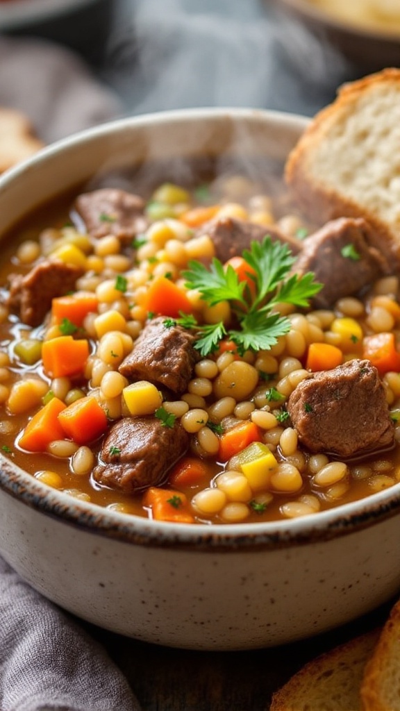 A hearty bowl of beef barley soup with vegetables and parsley, served with crusty bread.